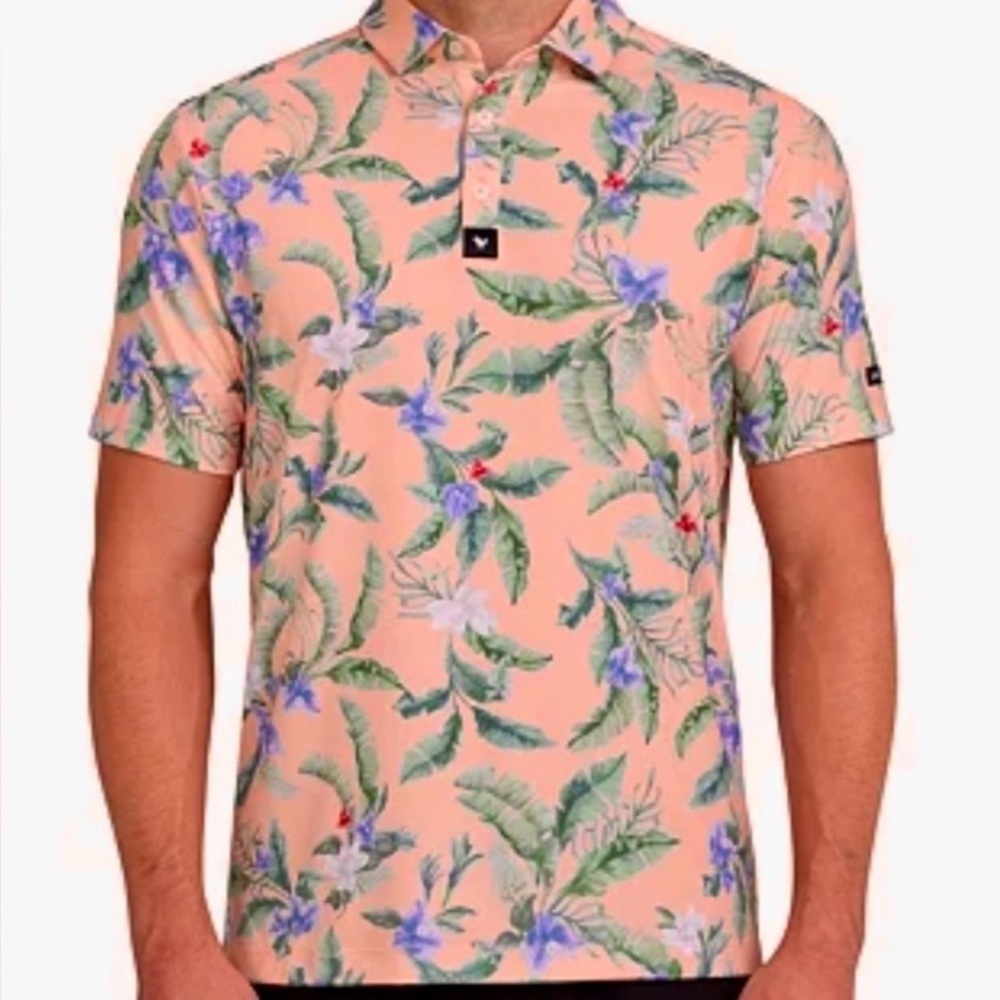 🆕Bad Birdie Men’s Golf Polo Shirt Size Med Flora Fiesta Peach Tropical Print